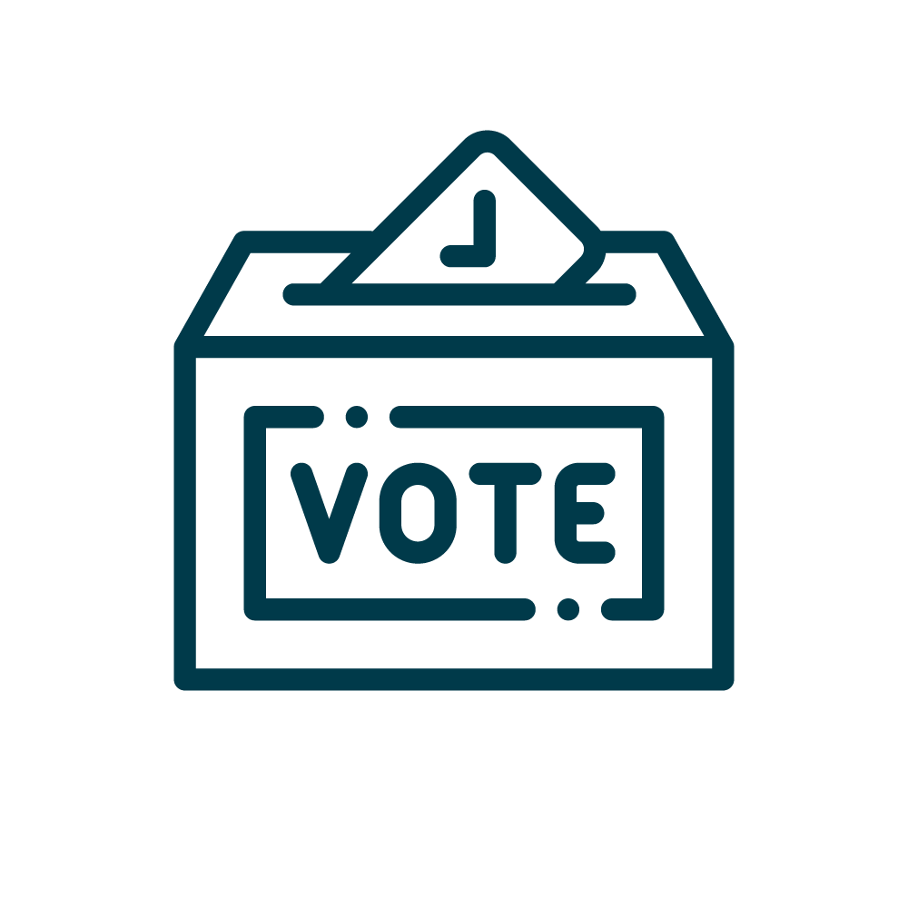 Vector shows a ballot paper with a tick mark, inside a box with the word Vote on the side.